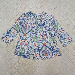 Boden Shirt Womens 4 Blue Green Floral Pintuck Popover Cottage Folk Light Cotton